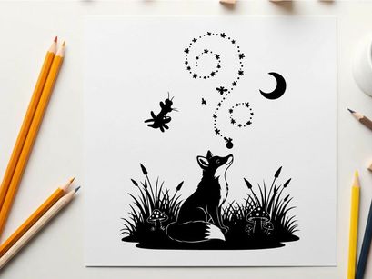 Whimsical silhouette of a fox under starry night sky