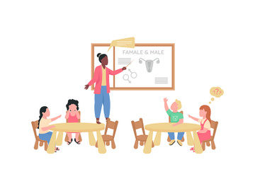 Teacher and children during preschool biology class flat color vector faceless characters preview picture