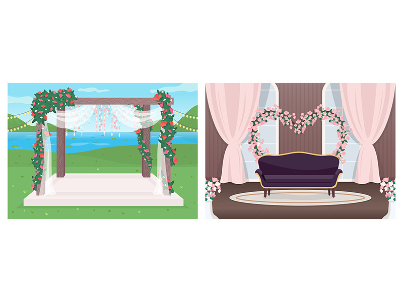 Wedding venue flat color vector illustration set