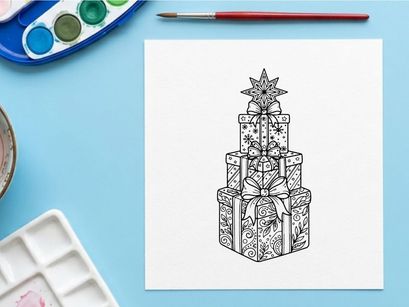 Caixas de presente de Natal empilhadas com topo de estrela, ilustração em arte de linha preto e branco.