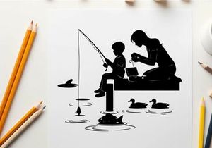 Silhouette of a man and boy fishing together by water