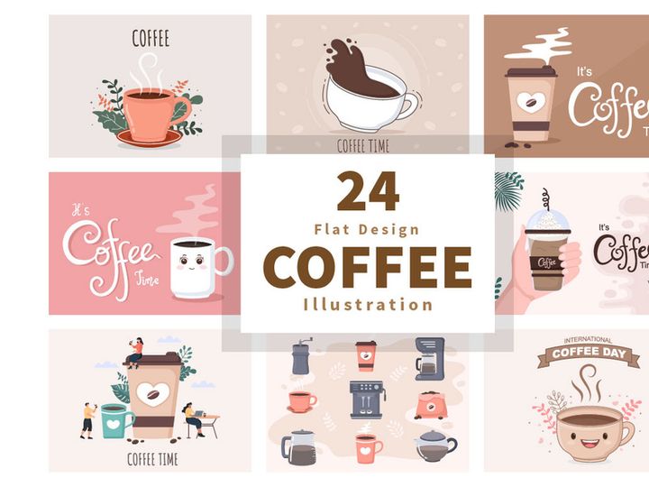 24 Set Coffee Cup Background Vector