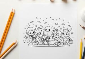 Halloween kids group trick or treat vector illustration