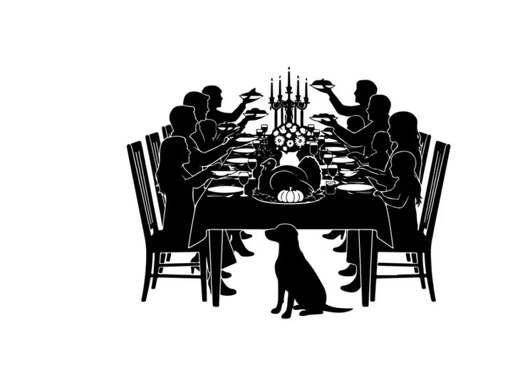 Silhouette of family and dog at dinner table with candelabra