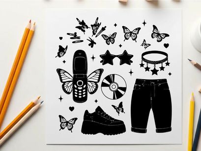 Silhouette illustration of 90s items and butterflies silhouette