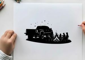 Silhouette of a pickup truck at a campfire with friends
