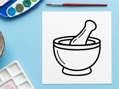 Mortar and pestle grinding herbs for natural remedies. Traditional apothecary tool for crushing spices and medicinal plants.