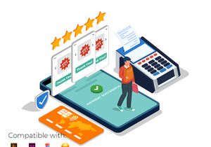 Landing Page Illustration of online shop with man buying with cell phone.