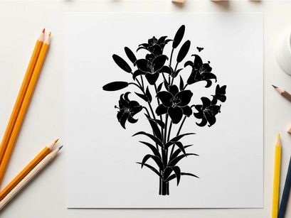 Silhouette of a bouquet of lilies on a white background
