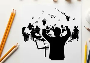 Silhouette of a conductor leading an orchestra with music notes