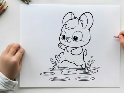 Cute mouse splashing in puddles vector illustration flat design