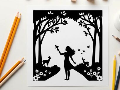 Silhouette of a girl in a forest with deer and flowers silhouette