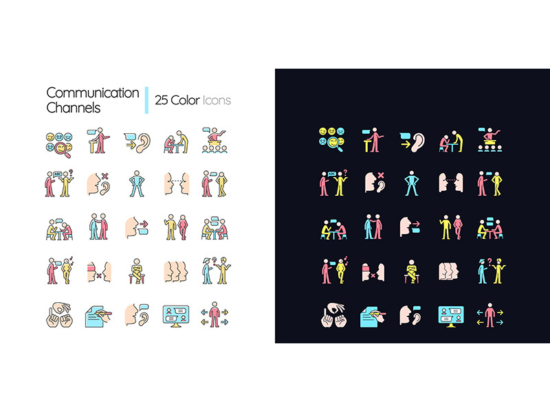 Communication channel light and dark theme RGB color icons set