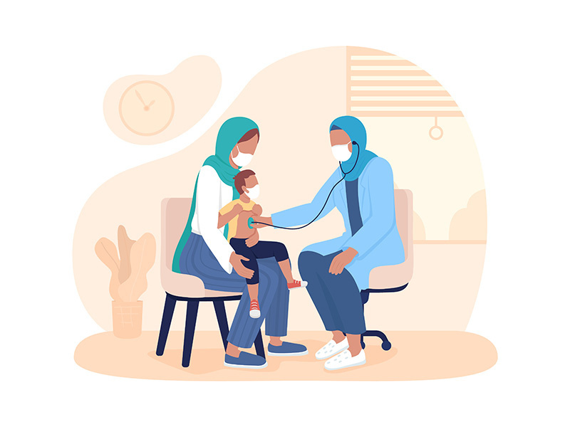 Child checkup with parent 2D vector isolated illustration