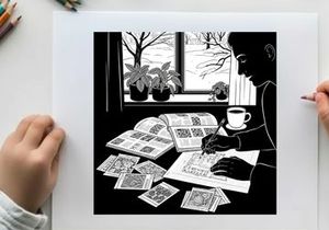 Silhouette of a person reading and writing by the window with plants