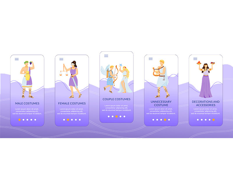 Ancient greece cosplay party onboarding mobile app screen vector template