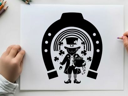 Leprechaun silhouette standing in horseshoe with rainbow and clovers