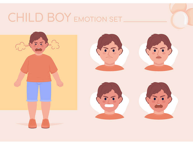 Angry excited little boy semi flat color character emotions set