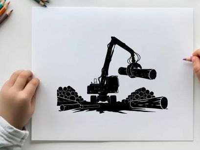 Silhouette of a mechanical logger with logs and a white background