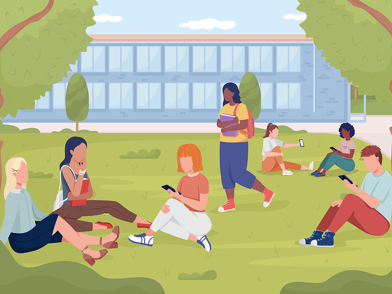 Students resting on garden lawn near college flat color vector illustration