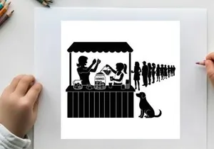 Silhouette of people waiting in line at a food stand with a dog