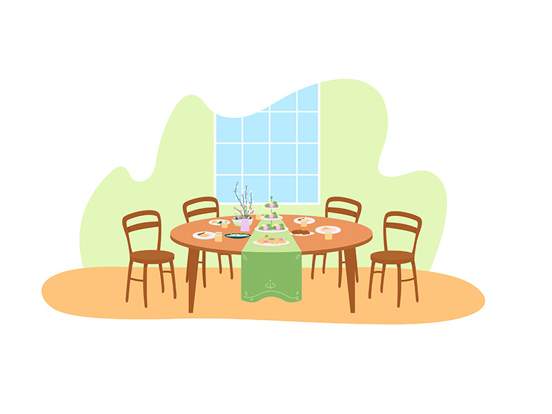 Easter dinner table setting 2D vector web banner, poster