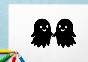 Niedliche Geisterfiguren, die sich an den Händen halten in schwarzer Silhouette