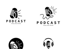 podcast logo with microphone and earphone audio, radio waves. for studio, talk show, chat, information sharing, interview, multimedia and web.