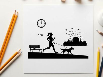 Silhouette of woman jogging with dog at sunrise