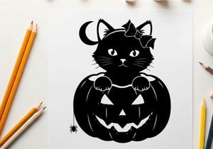 Black cat silhouette sitting on a jack o lantern