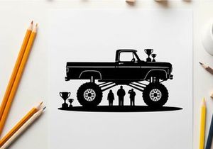 Large silhouette of a lifted truck with people underneath