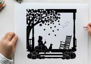 Silhouette of woman and dog on porch with autumn leaves