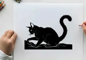 Black silhouette cat crouching low with tail up