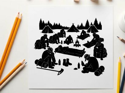 Winter camping silhouette scene with people and tents in snowy forest