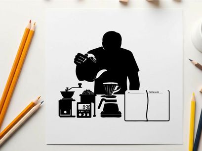 Silhouette of a person preparing coffee with various equipment