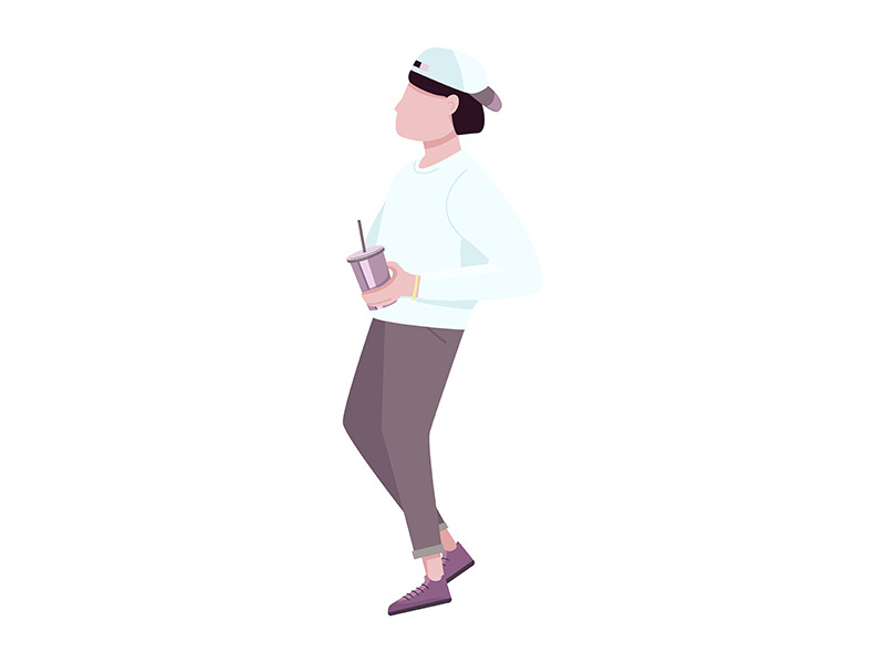 Trendy guy with disposable plastic cup flat color vector faceless character