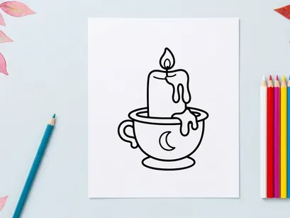 Hand-drawn Halloween candle melting in coffee cup. Spooky wax drip illustration for seasonal promotions and festive designs.