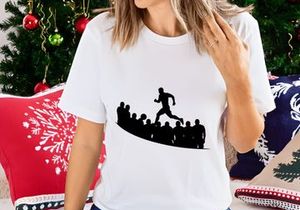 A lone runner sprints ahead of a crowd of people in a black silhouette illustration