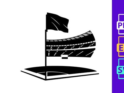 Black and white illustration of a flag waving on a pole beside a grandstand