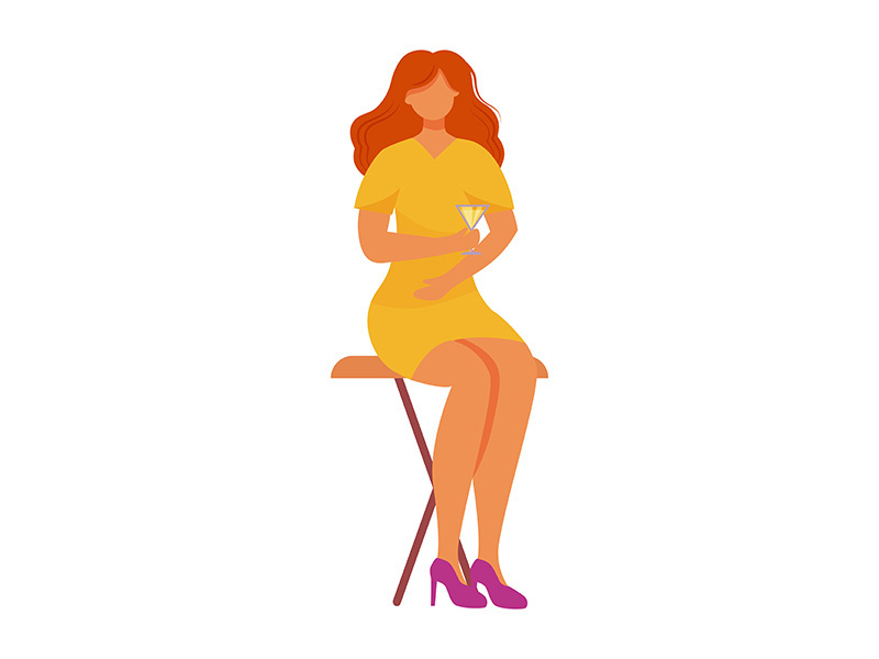 Modest woman with cocktail sitting on chair flat vector illustration