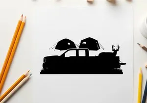 Silhouette of a pickup truck with tents and deer antlers