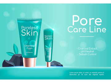 Pore skin care line realistic vector product ads banner template preview picture