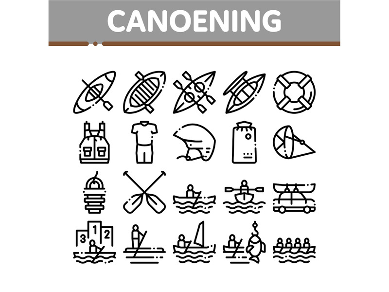 Canoeing Collection Elements Icons Set Vector