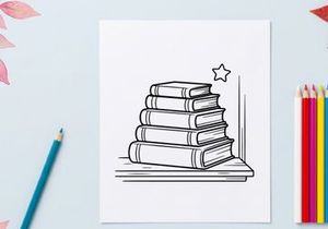 Stapel Bücher auf einem Regal mit Stern-Icon, handgezeichnete Weihnachtsillustration.
