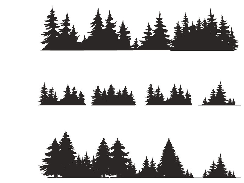 Coniferous trees silhouettes collection on white background , on different layers