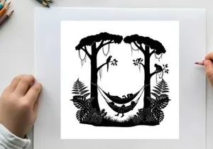 Serene silhouette of a person resting in a hammock between trees