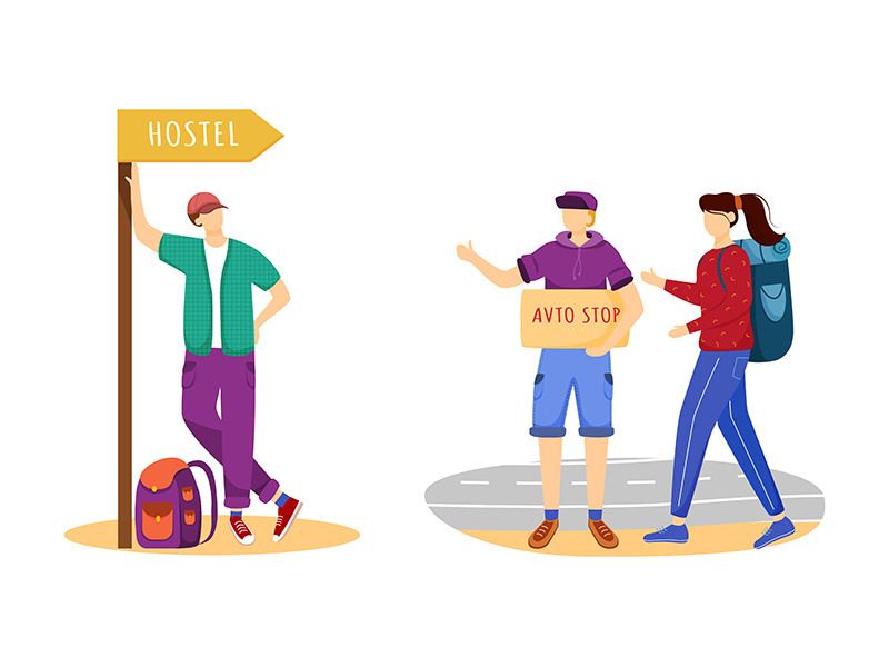 Hitchhiking flat vector illustration