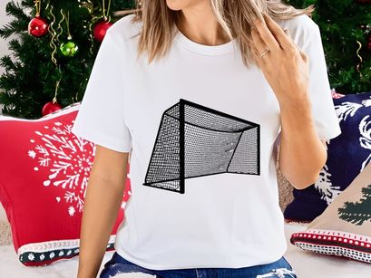 Soccer goal net with black frame and white mesh