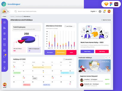 Admin Dashboard Attendance and Holidays Page Web UI Template