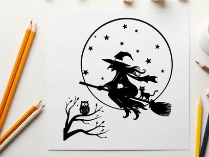 Witch silhouette flying on broomstick under full moon